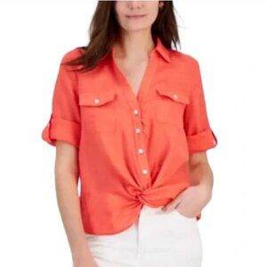 I.N.C. Women's XL Peach Linen Twist-Hem Blouse‎